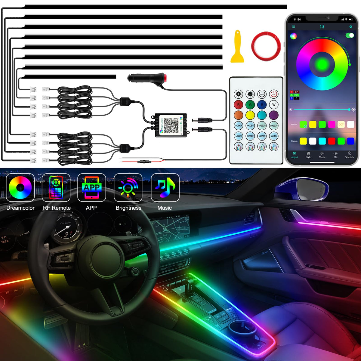 Jushope Interior Car LED Strip Lights, Acrylic LED Lights for Car with Dynamic Dreamcolor Chasing, Ambient Lighting Kits Music Sync Wireless APP and RF Remote Control
