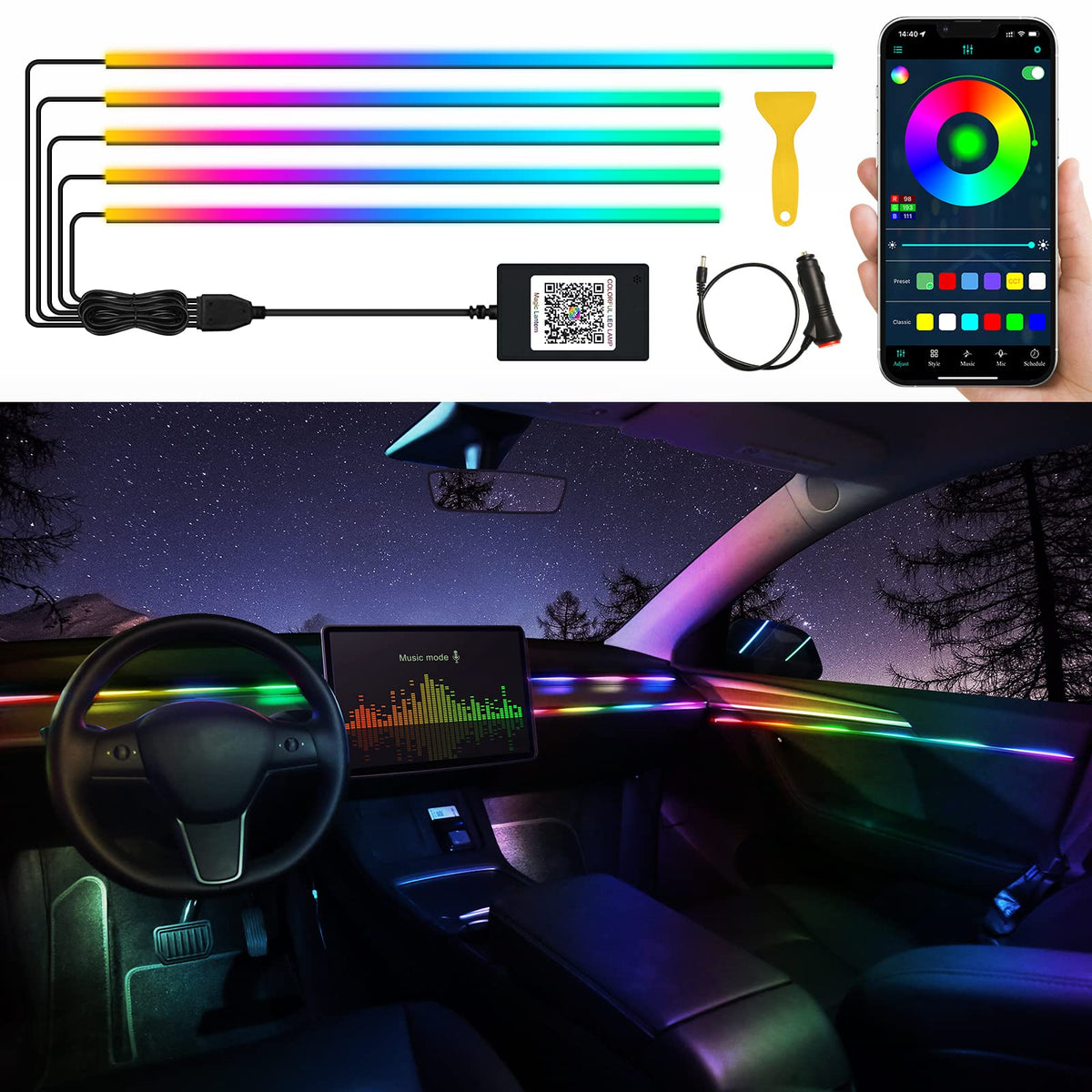 Acrylic Interior Car LED Strip Light with Wireless APP, RGB Dreamcolor 5 in 1 Ambient Lighting Kits, 16 Million Colors Sound Active Function Car Neon Lights, Sync to Music