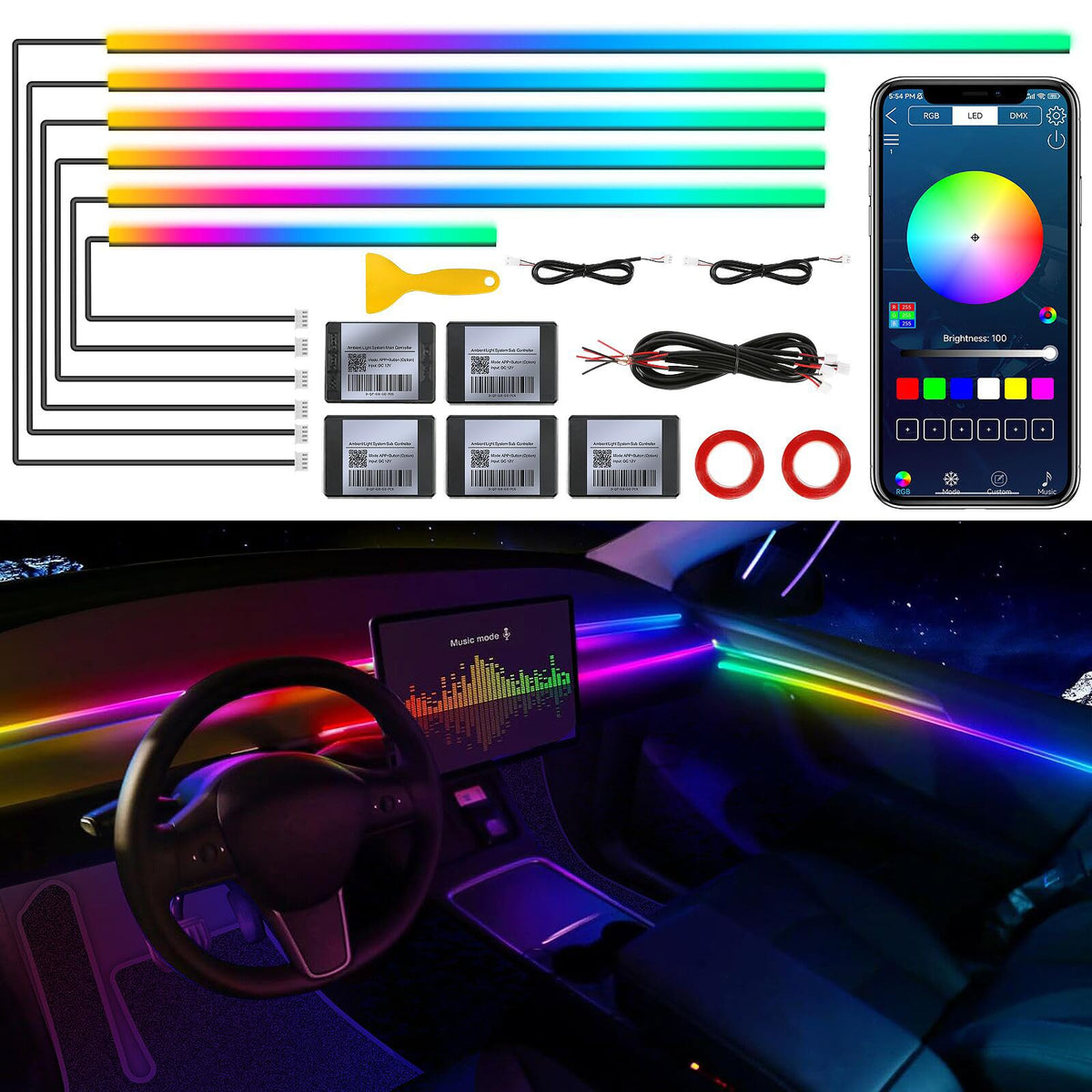 Acrylic Car LED Strip Light With Wireless App Control