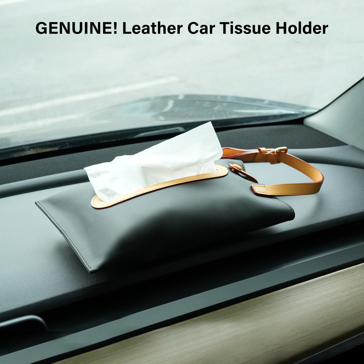 Genuine Leather Car Tissue Holder With Matte Finish
