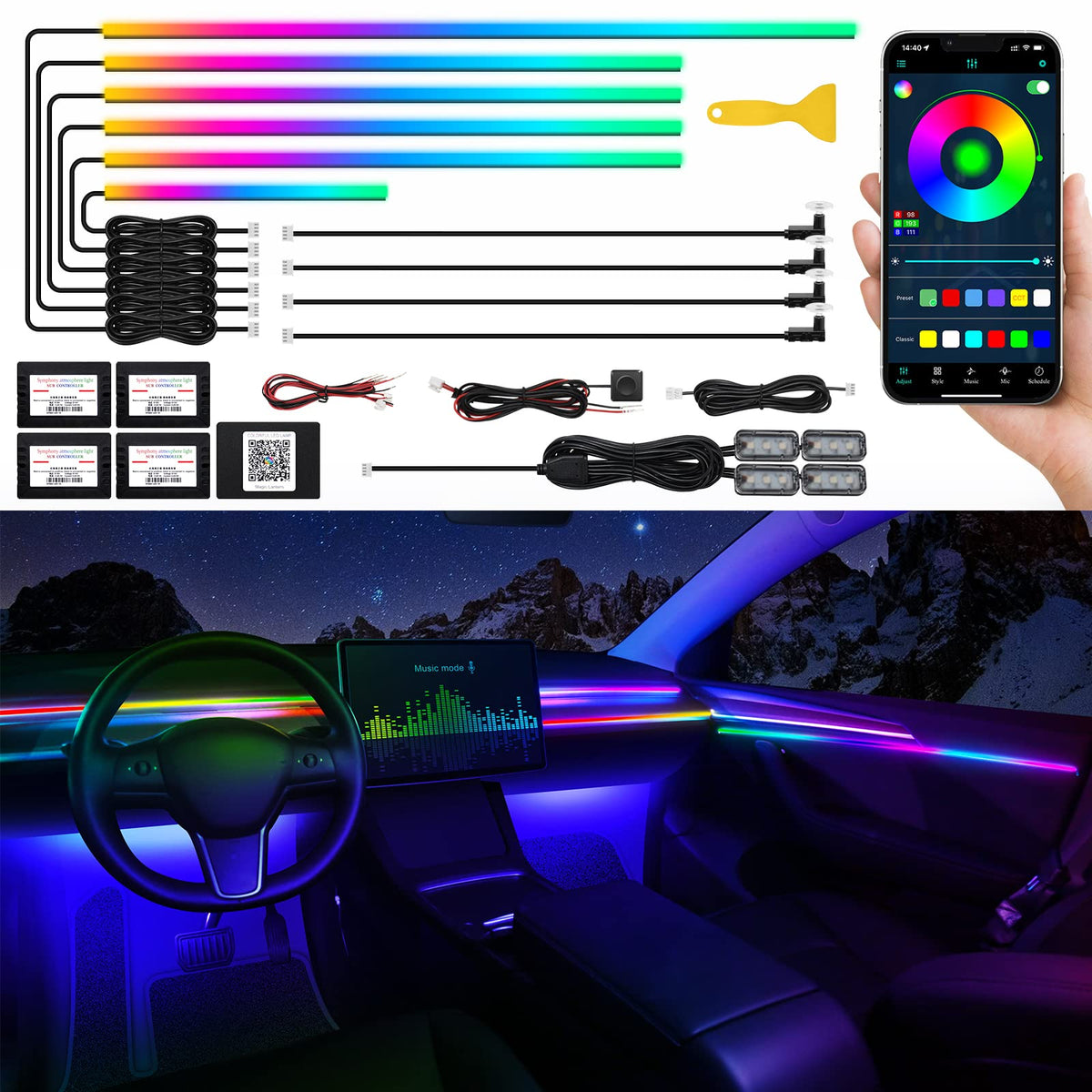 Acrylic Interior Car LED Strip Light with Wireless APP, RGB Dreamcolor 5 in 1 Ambient Lighting Kits, 16 Million Colors Sound Active Function Car Neon Lights, Sync to Music
