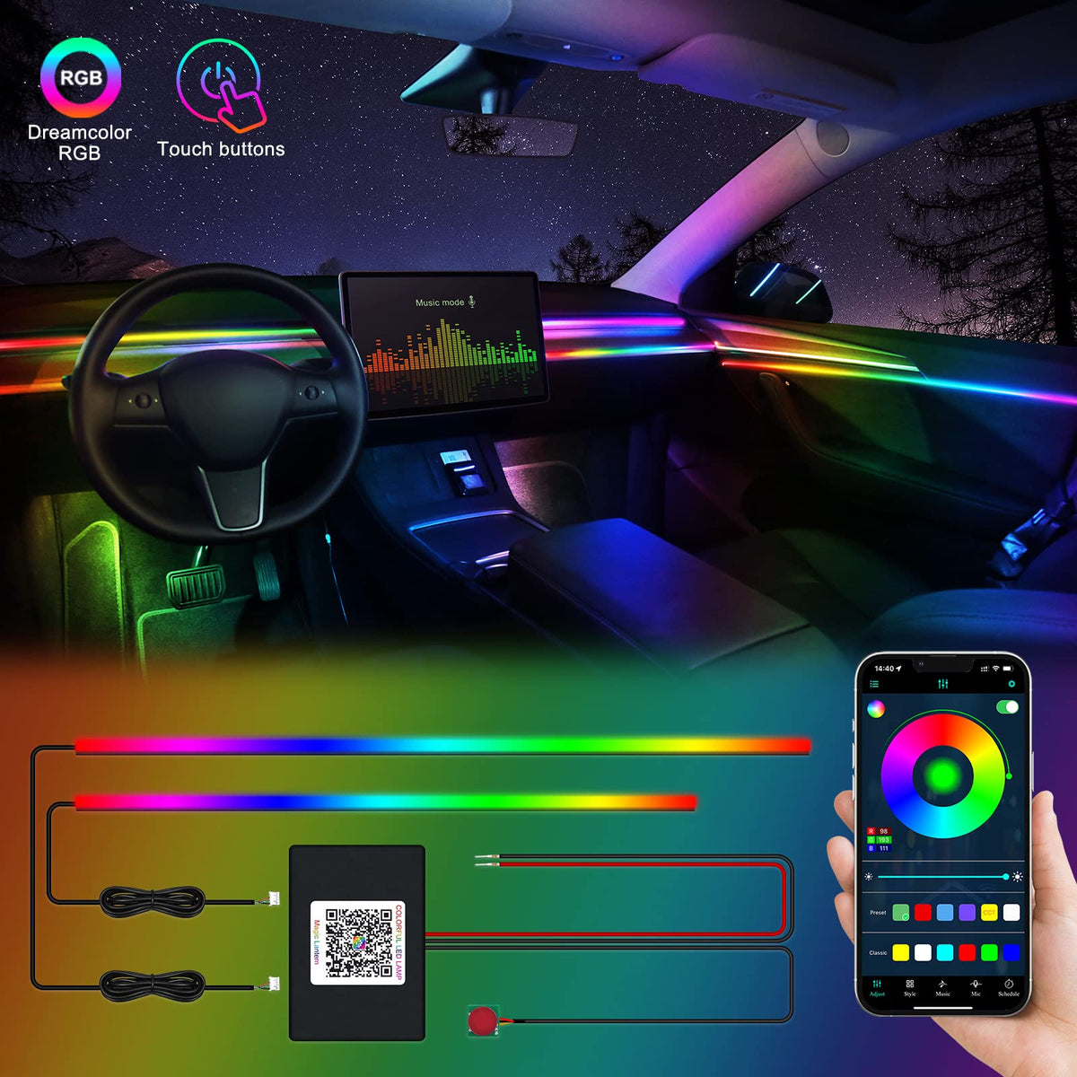 Acrylic Interior Car LED Strip Light with Wireless APP, RGB Dreamcolor 5 in 1 Ambient Lighting Kits, 16 Million Colors Sound Active Function Car Neon Lights, Sync to Music