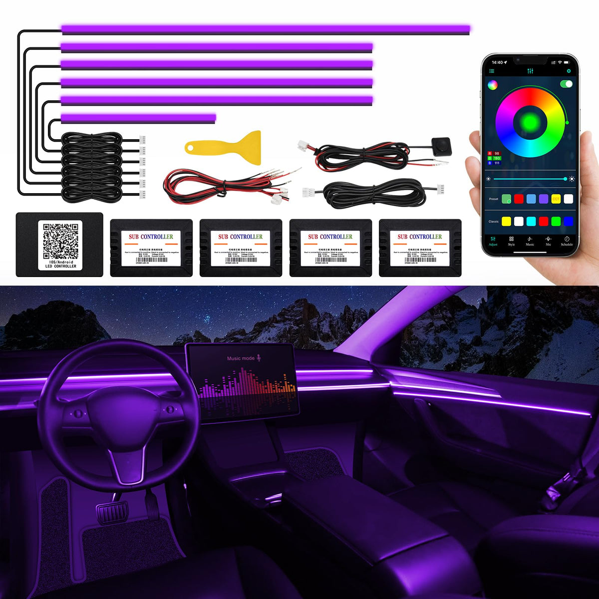 Acrylic Interior Car LED Strip Light with Wireless APP, RGB Dreamcolor 5 in 1 Ambient Lighting Kits, 16 Million Colors Sound Active Function Car Neon Lights, Sync to Music