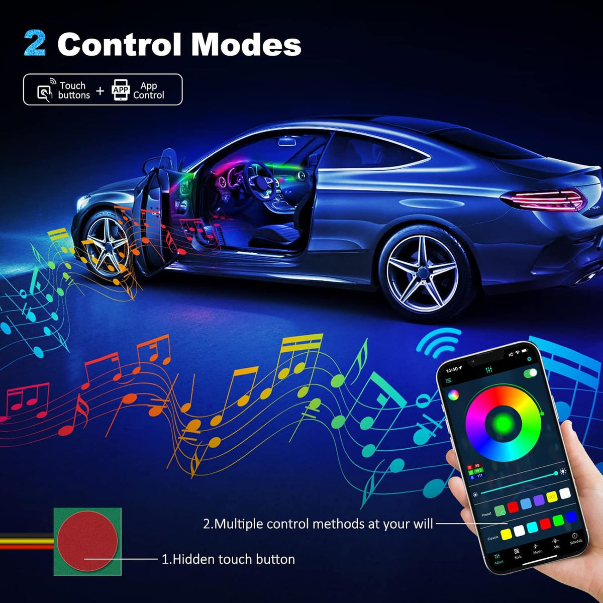 Acrylic Interior Car LED Strip Light with Wireless APP, RGB Dreamcolor 5 in 1 Ambient Lighting Kits, 16 Million Colors Sound Active Function Car Neon Lights, Sync to Music