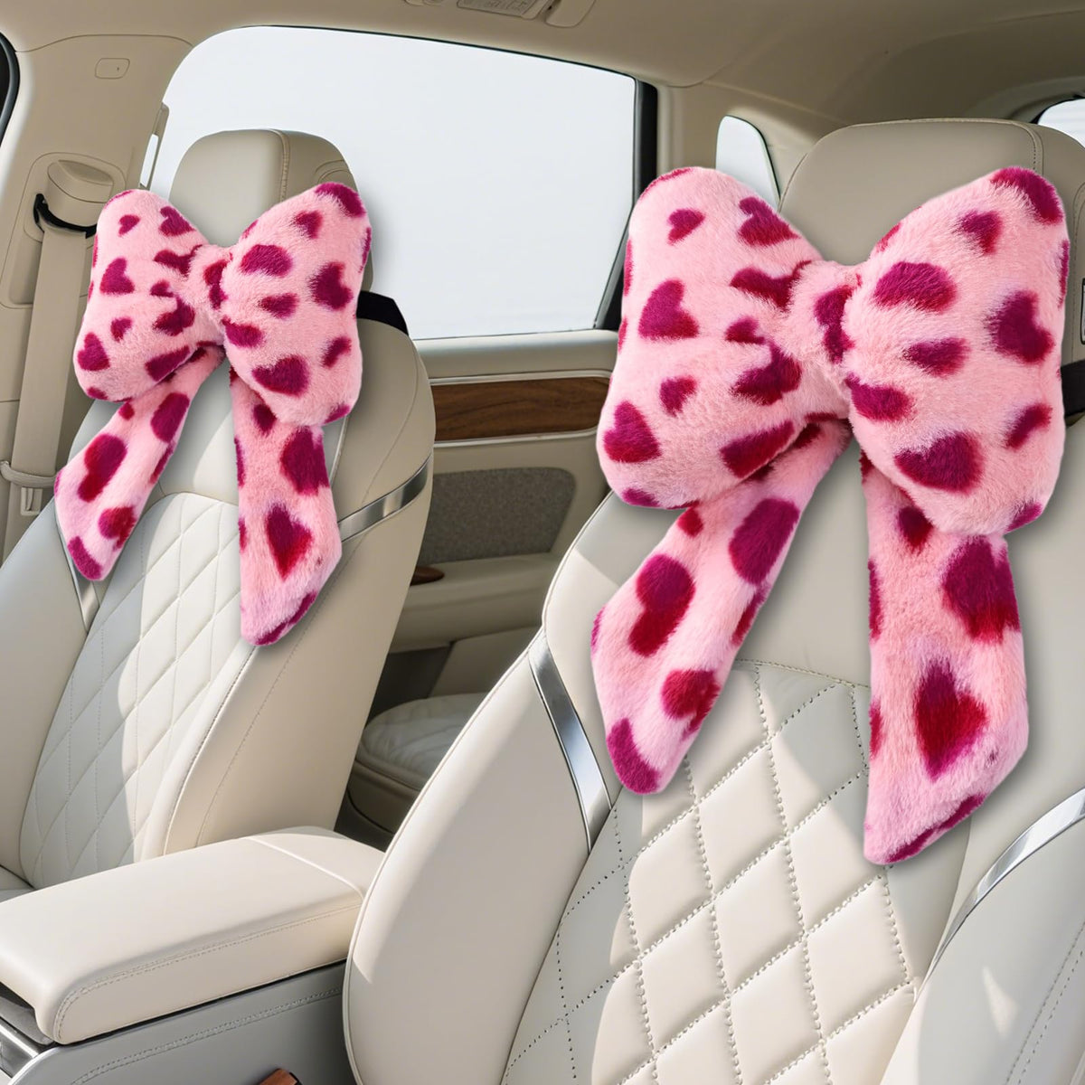 iHUFeather Bow Car Headrest Pillow Comfortable Soft Plush Head Rest Cushion (2PCS)