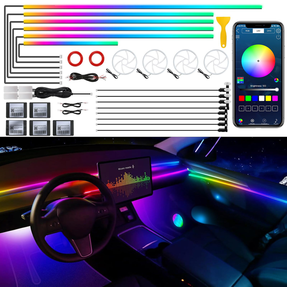 Acrylic Interior Car LED Strip Light with Wireless APP