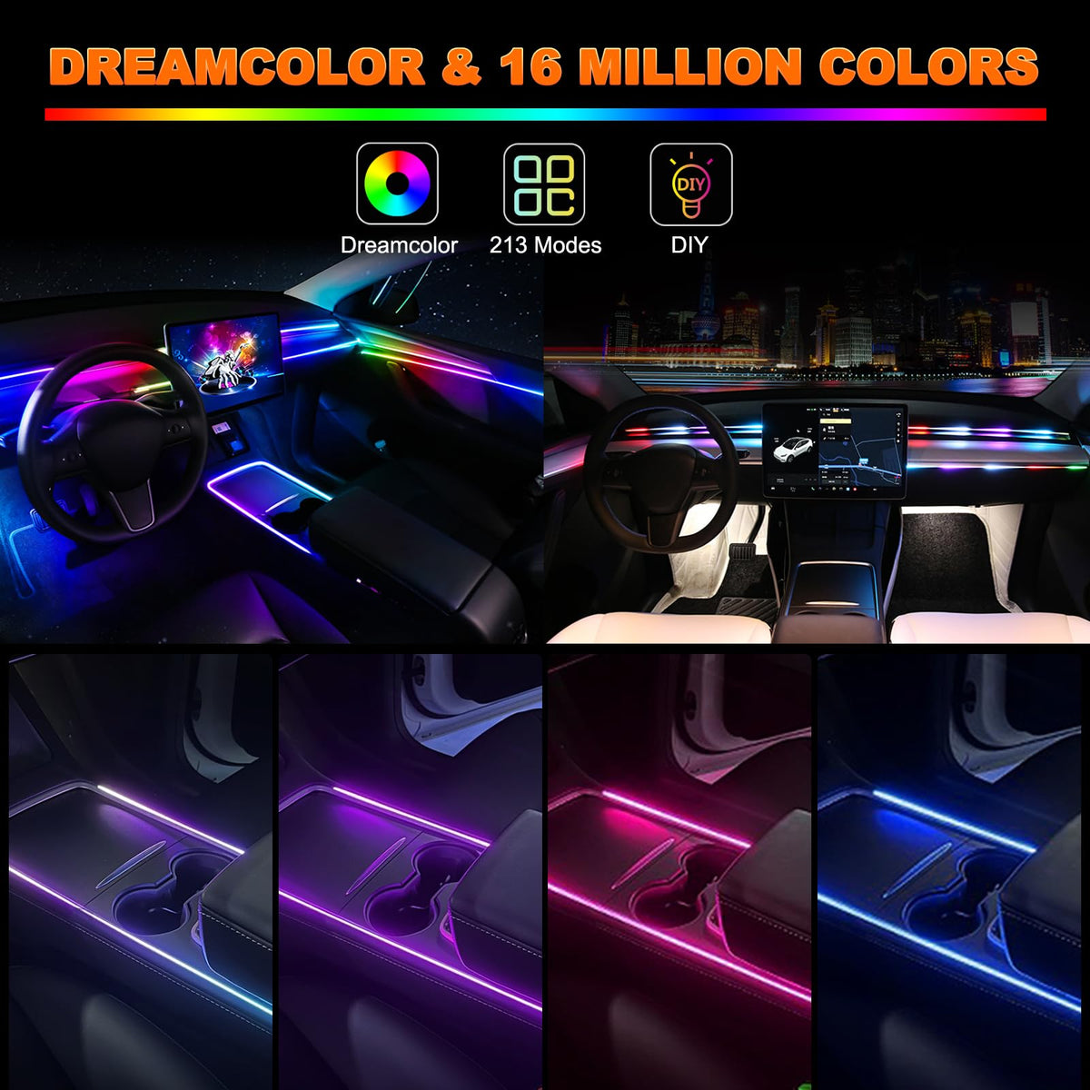 Jushope Interior Car LED Strip Lights, Acrylic LED Lights for Car with Dynamic Dreamcolor Chasing, Ambient Lighting Kits Music Sync Wireless APP and RF Remote Control