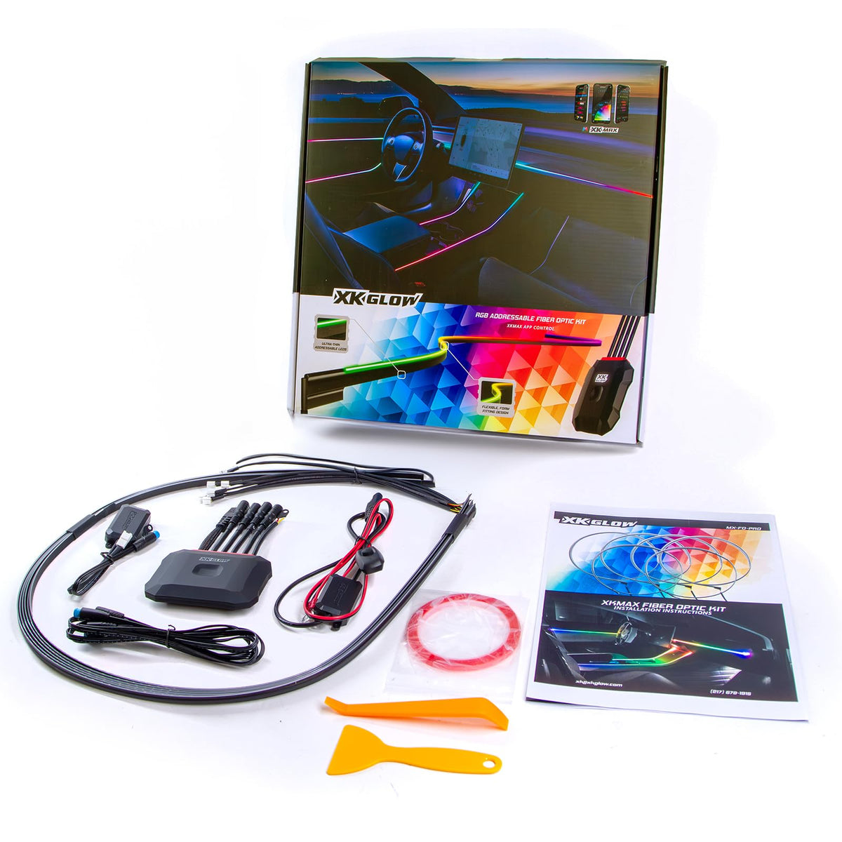 XKmax RGB Fiber Optic LED Interior Ambient Light Kit for Car & Truck | Color Chasing | App-Controlled