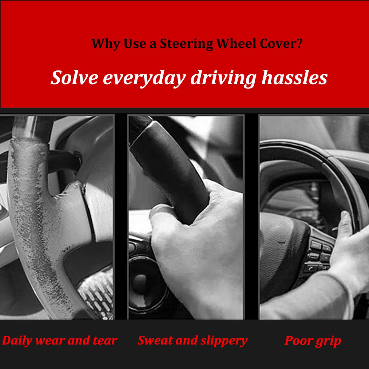 Veclod Black Genuine Leather Car Steering Wheel Cover for Men Women