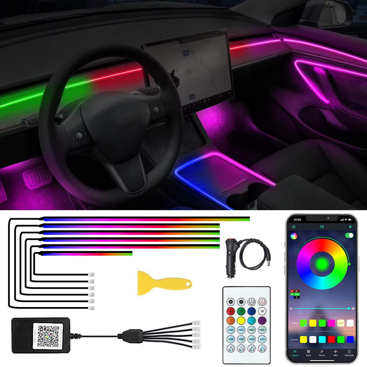 Fiber Optic Car Ambient Lights With App & Remote