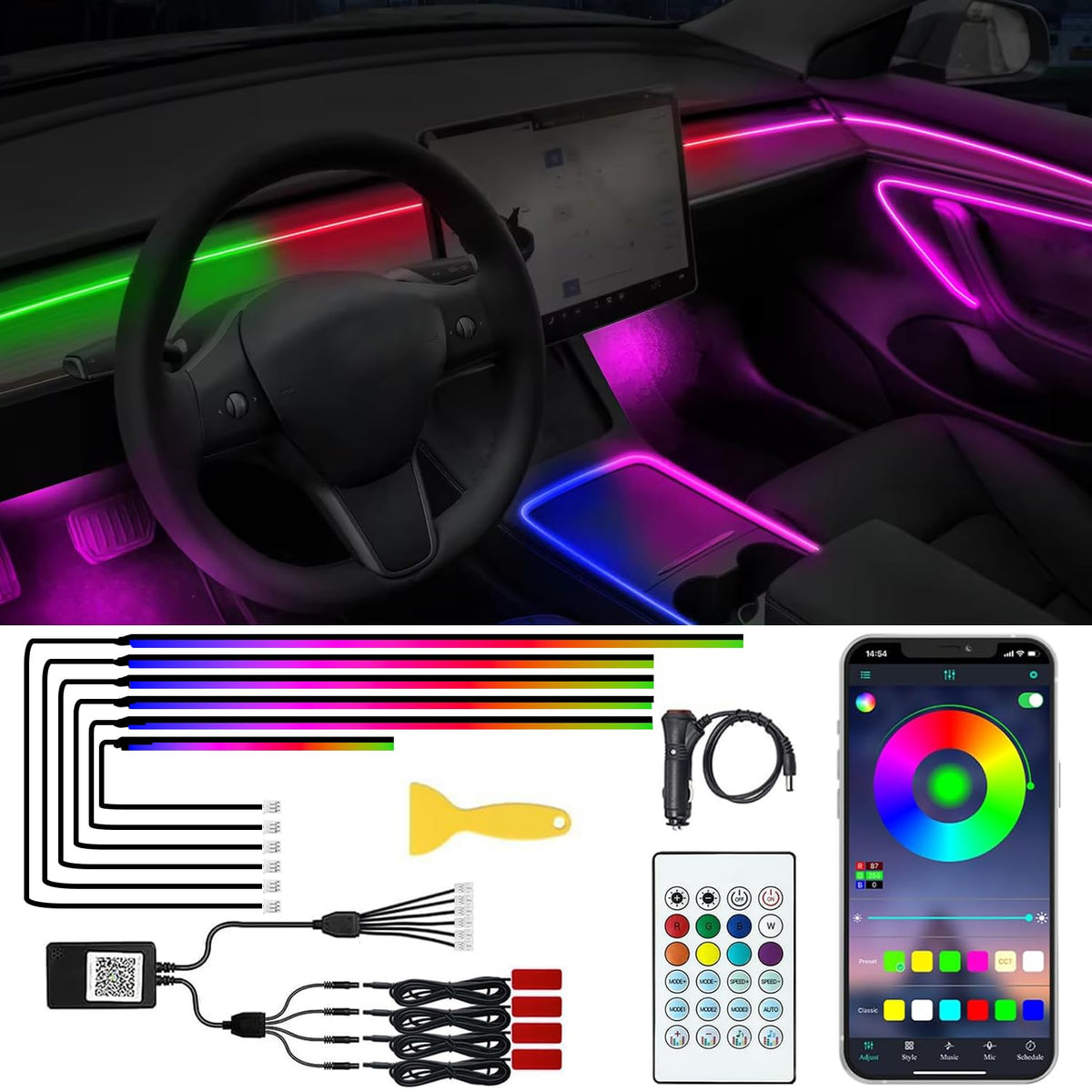 Acrylic Interior Car LED Lights with Remote and Wireless APP, Ambient Lighting Kits Fiber Optic Strip LEDs,16 Million Colors Music&DIY Function