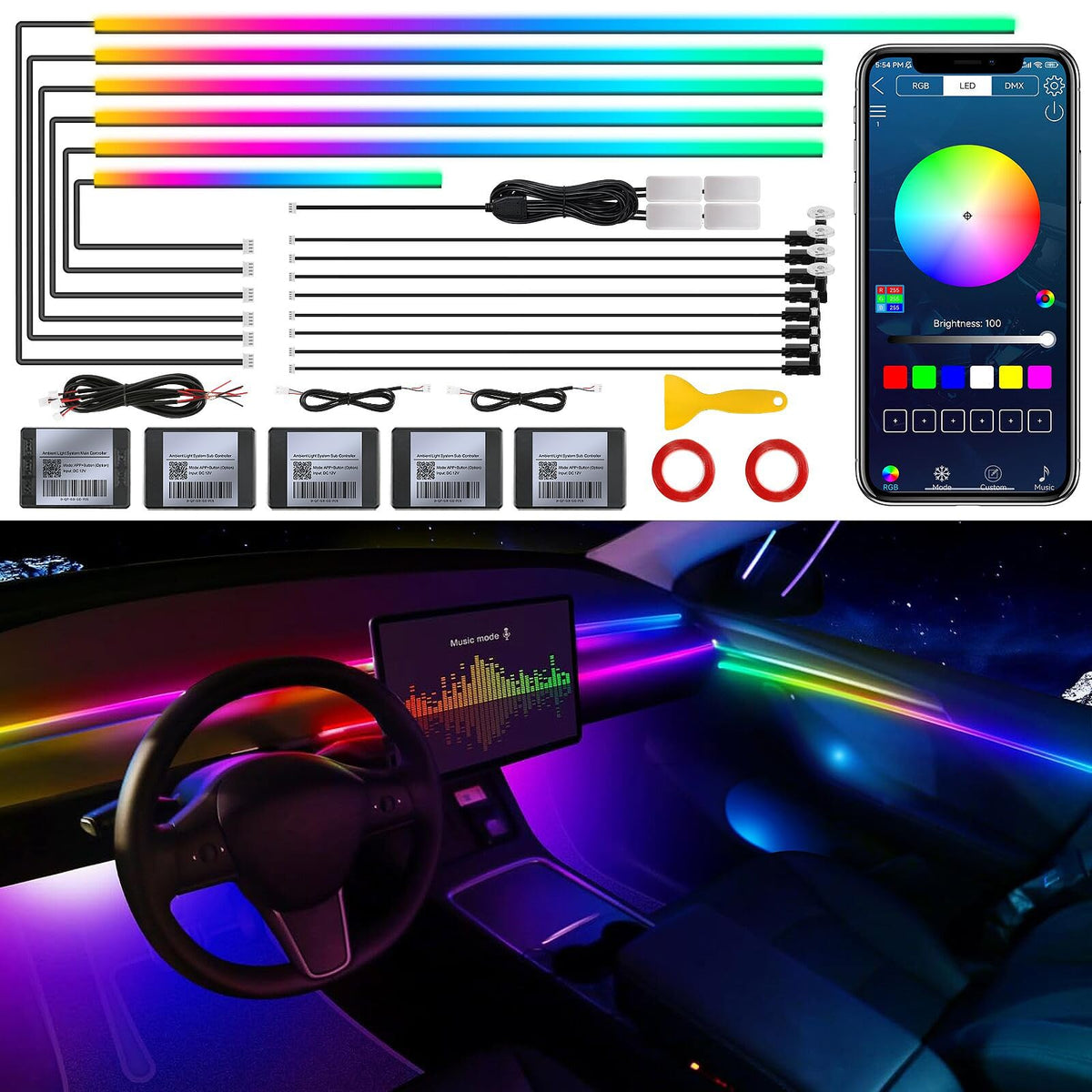Acrylic Car LED Strip Light With Wireless App Control
