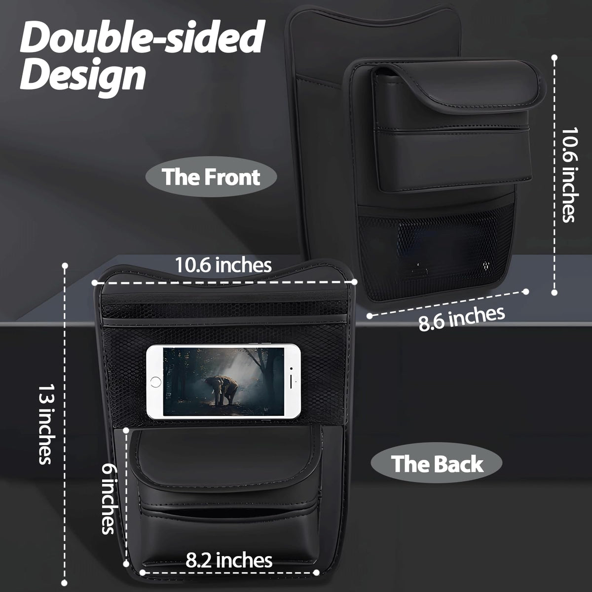 FASTAGEI Car Organizer Storage Between Seats, Premium Leather Car Storage Bag Pocket Handbags Purse Holder with Tissue Box, Touch Screen Phone Holder, Snack Holder, Console Front Seat Storage Barrier