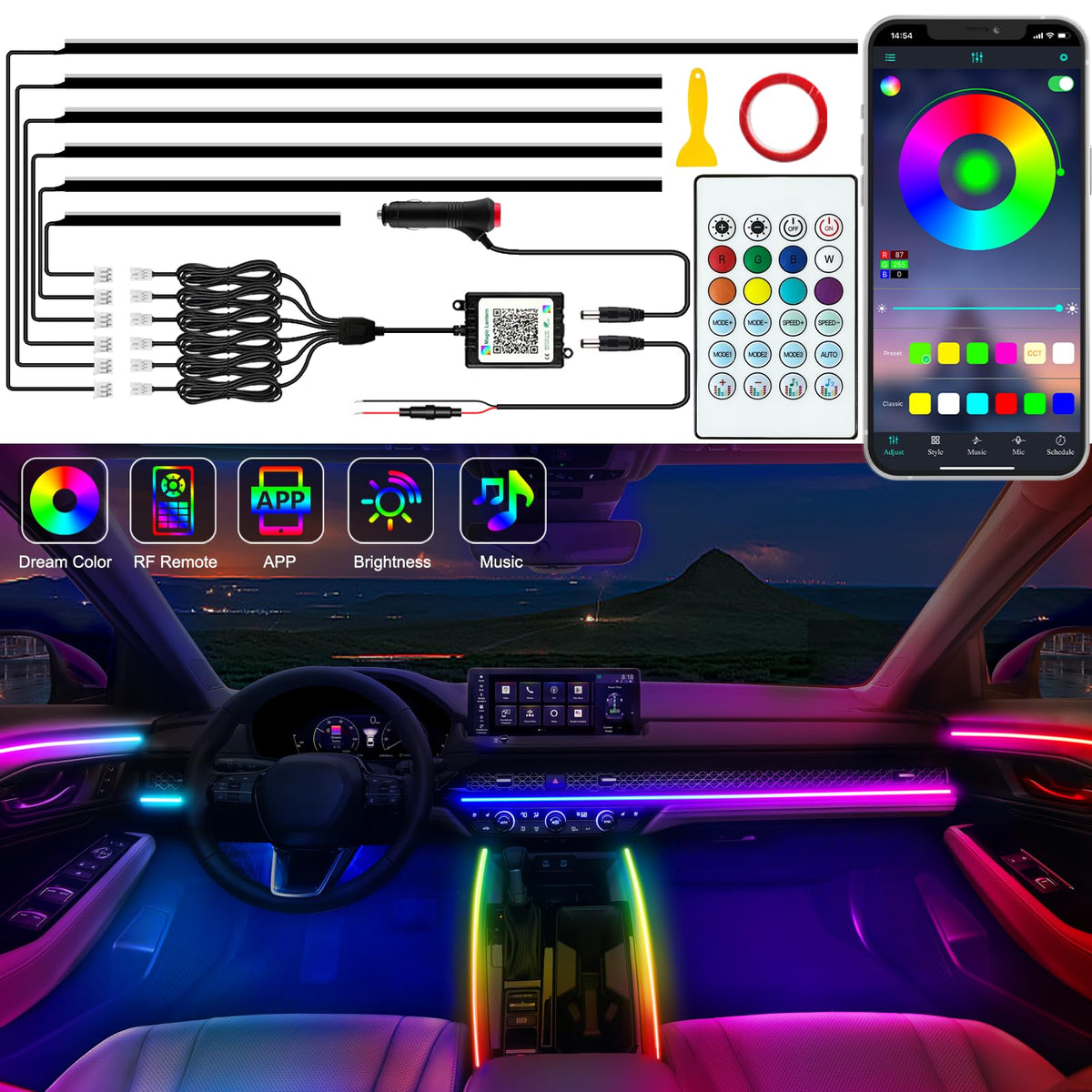 Jushope Interior Car LED Strip Lights, Acrylic LED Lights for Car with Dynamic Dreamcolor Chasing, Ambient Lighting Kits Music Sync Wireless APP and RF Remote Control