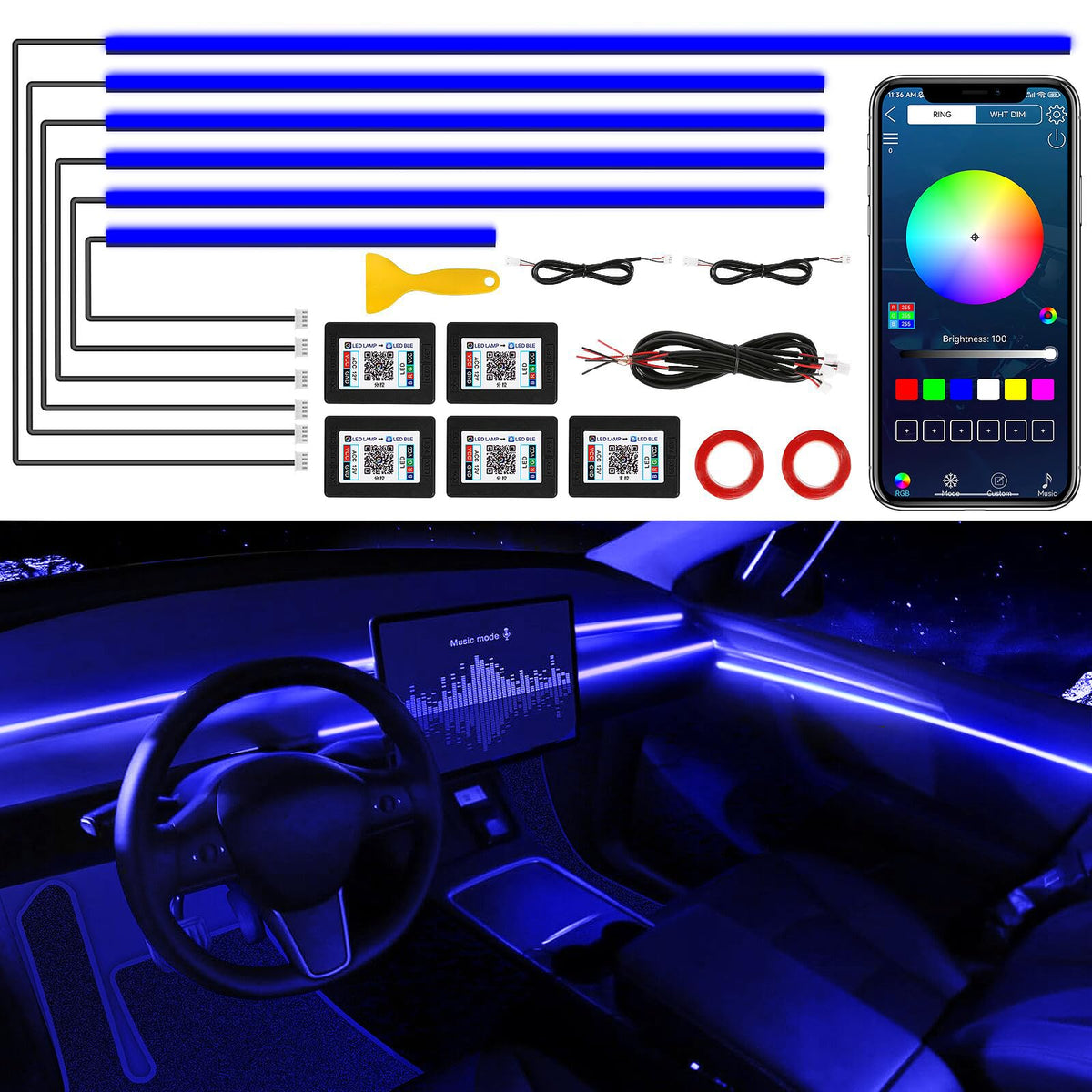Acrylic Car LED Strip Light With Wireless App Control