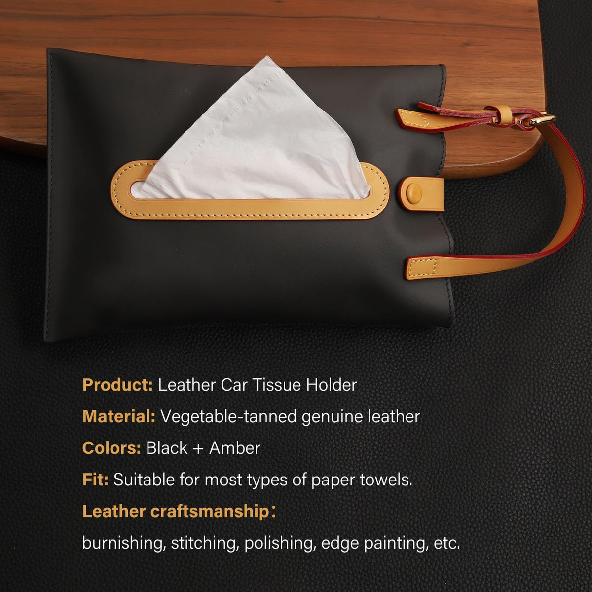 Leather Car Tissue Holder, Vegetable-Tanned Genuine Leather, Black and Amber, Matte Finish, Flexible Placement