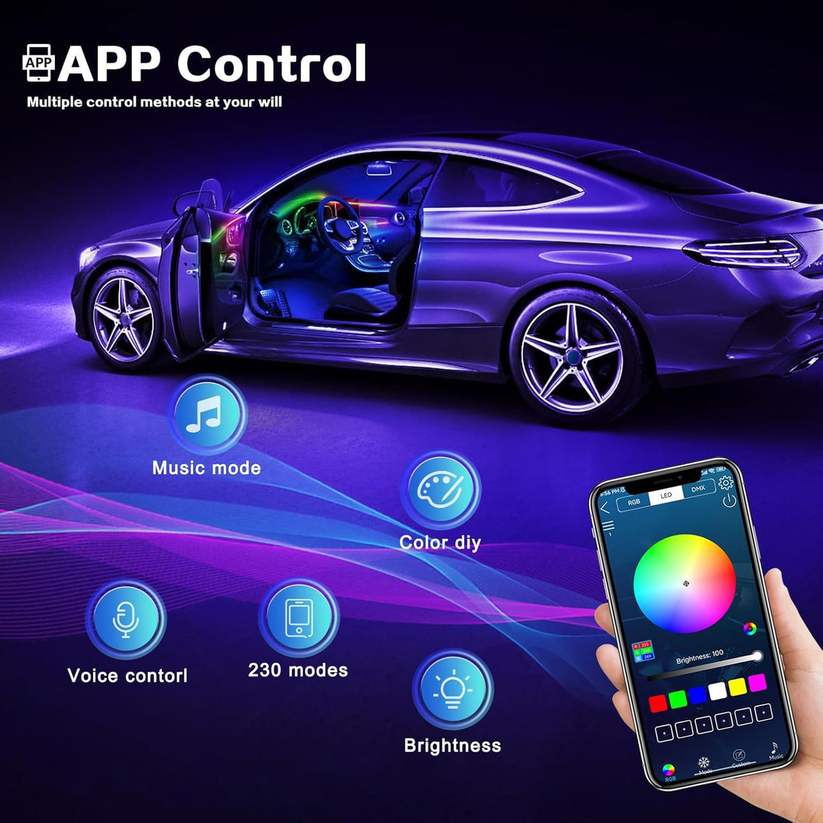 Acrylic Car LED Strip Light With Wireless App Control