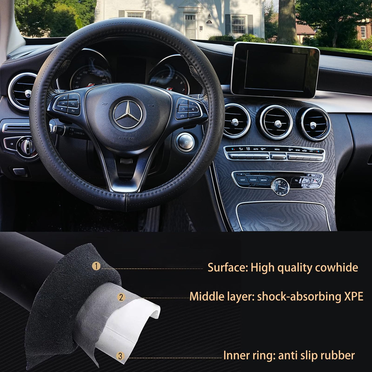 Veclod Black Genuine Leather Car Steering Wheel Cover for Men Women