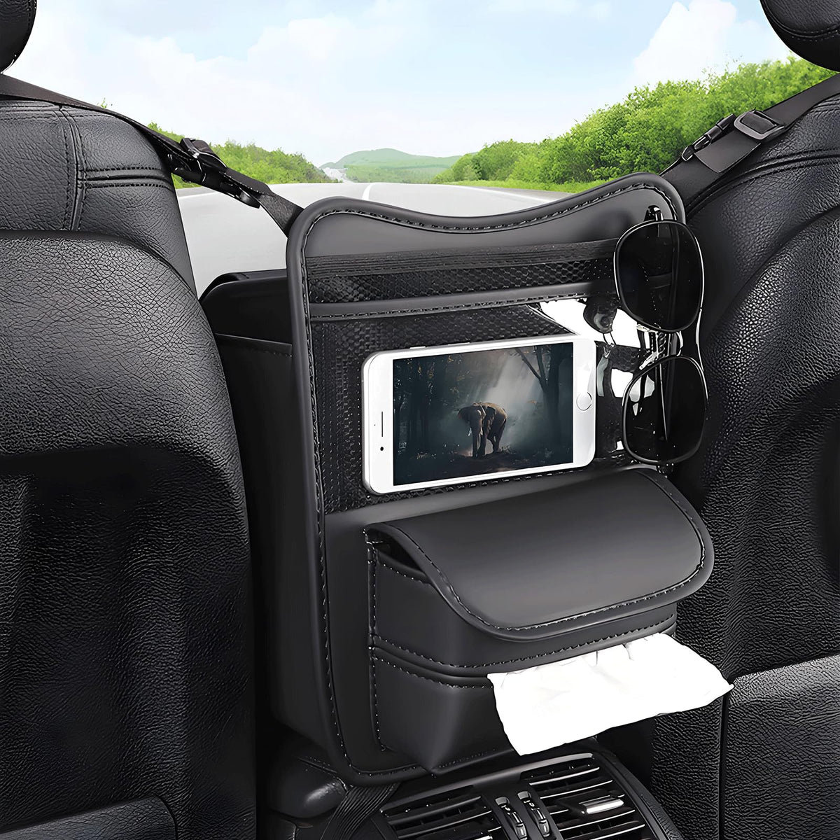 FASTAGEI Car Organizer Storage Between Seats, Premium Leather Car Storage Bag Pocket Handbags Purse Holder with Tissue Box, Touch Screen Phone Holder, Snack Holder, Console Front Seat Storage Barrier