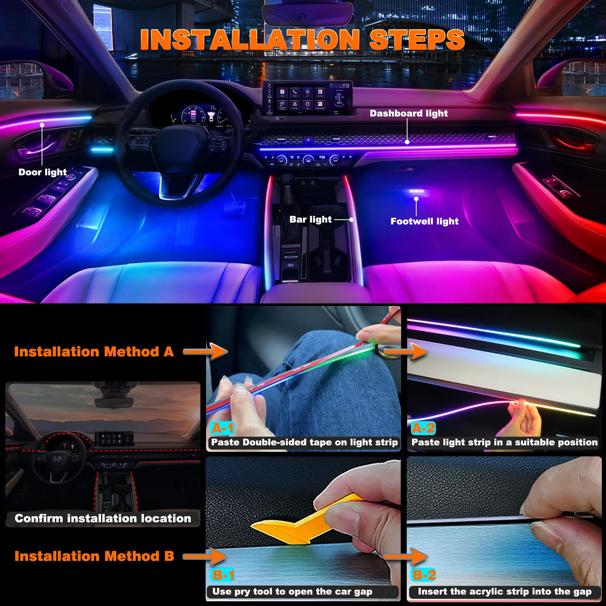 Jushope Interior Car LED Strip Lights, Acrylic LED Lights for Car with Dynamic Dreamcolor Chasing, Ambient Lighting Kits Music Sync Wireless APP and RF Remote Control