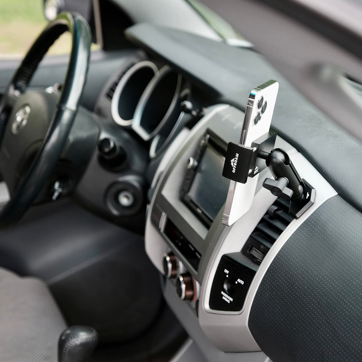 Offroam Phone Mount Made for Toyota Tacoma 2005-2011, CNC-Machined Aluminium, Universal Spring Loaded Holder, 360-Degree Swivel, One-Hand Operation