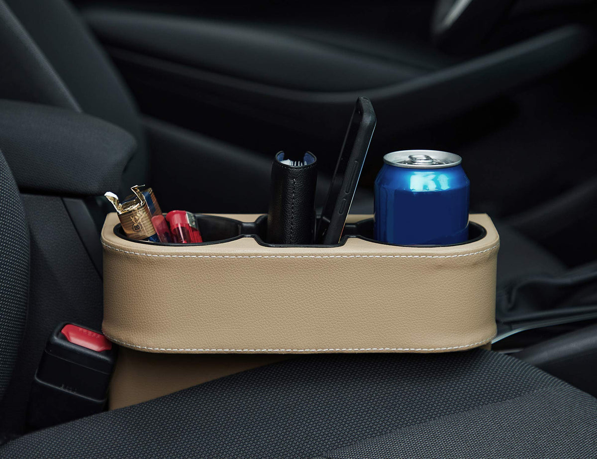 Leather Console Side Pocket With Cup & Phone Holder