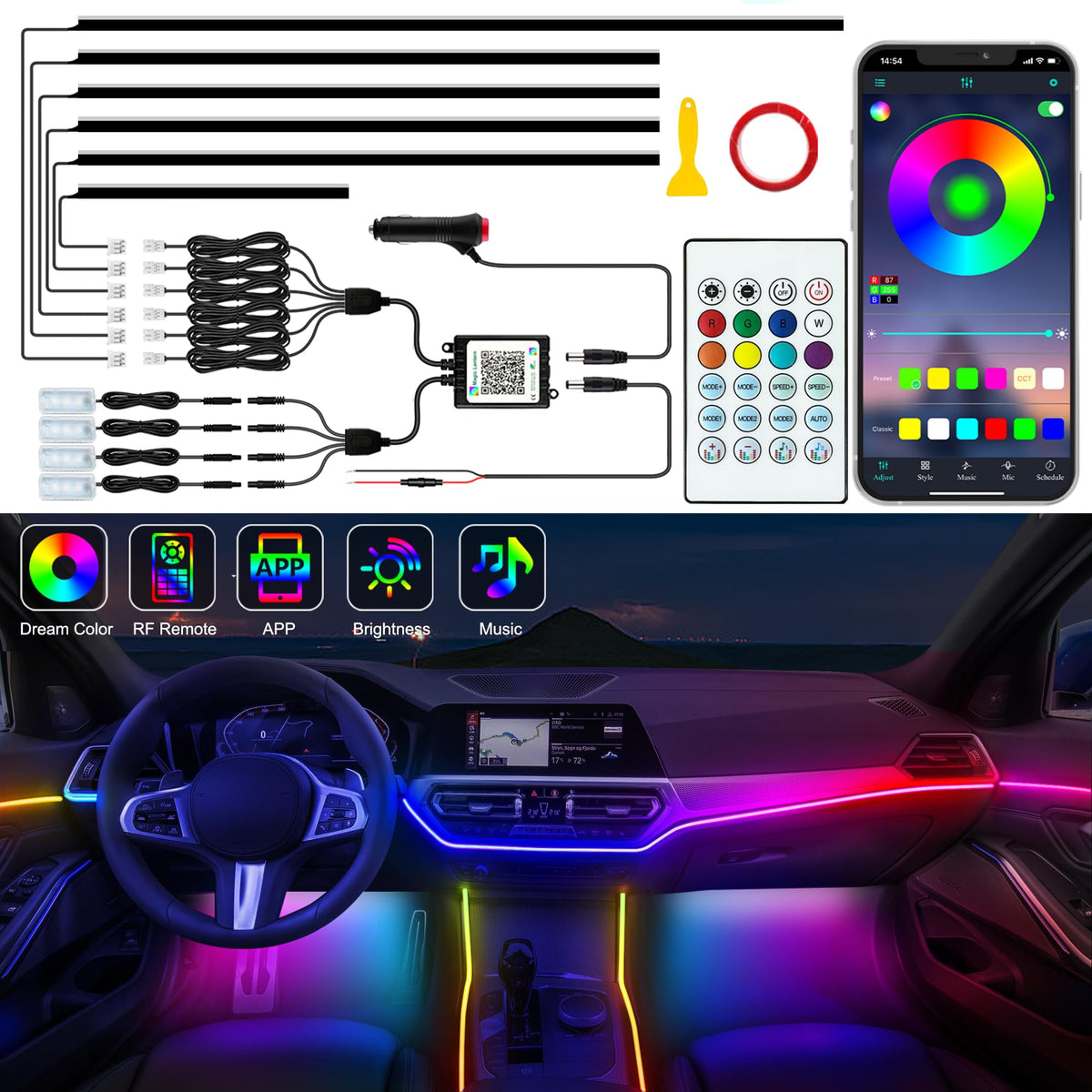 Jushope Interior Car LED Strip Lights, Acrylic LED Lights for Car with Dynamic Dreamcolor Chasing, Ambient Lighting Kits Music Sync Wireless APP and RF Remote Control