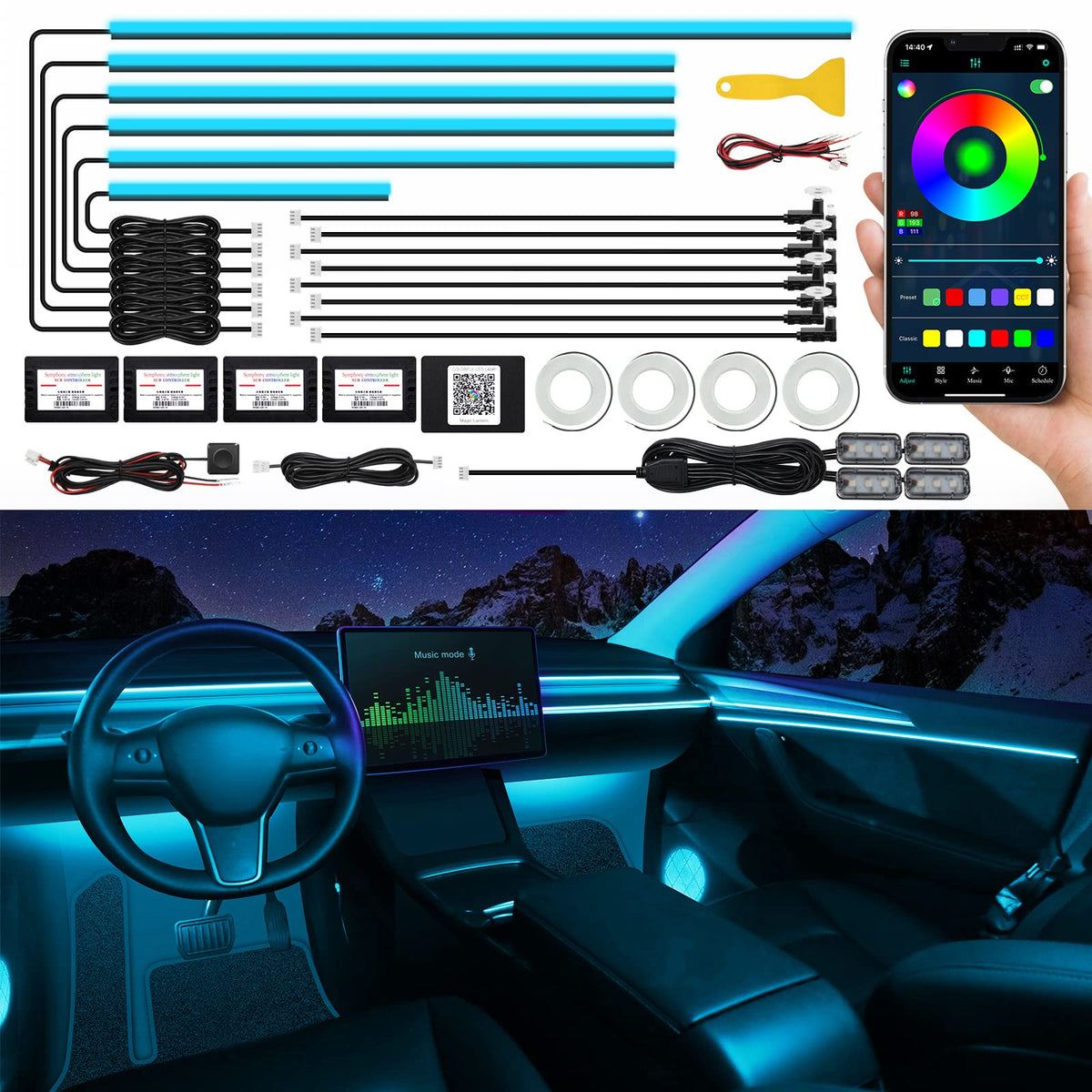 Acrylic Interior Car LED Strip Light with Wireless APP, RGB Dreamcolor 5 in 1 Ambient Lighting Kits, 16 Million Colors Sound Active Function Car Neon Lights, Sync to Music