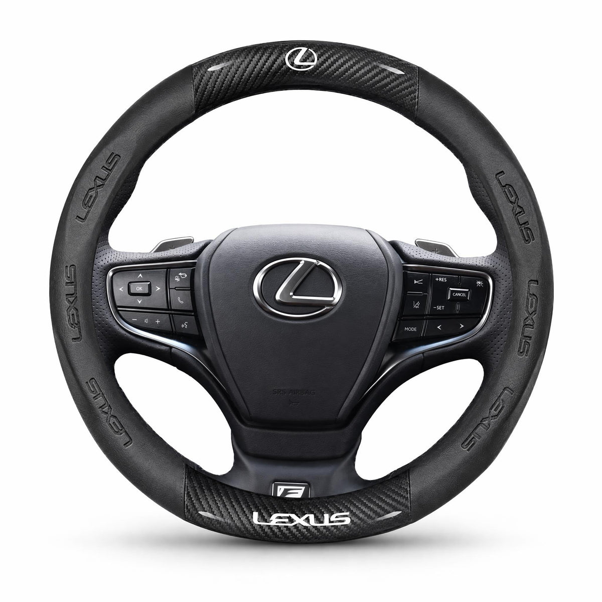 Non-Slip Car Steering Wheel Protector, Carbon Fiber Nappa Leather Cover with Embossed Logo, Universal Round Design