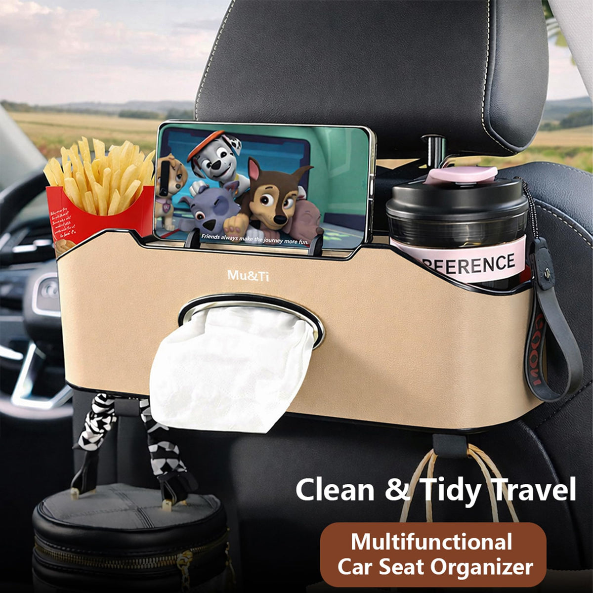 Mu&Ti Back Seat Car Organizer with Cup Holders Tissue Box Holder, Phone Stand and Hooks Multifunctional 4 in 1