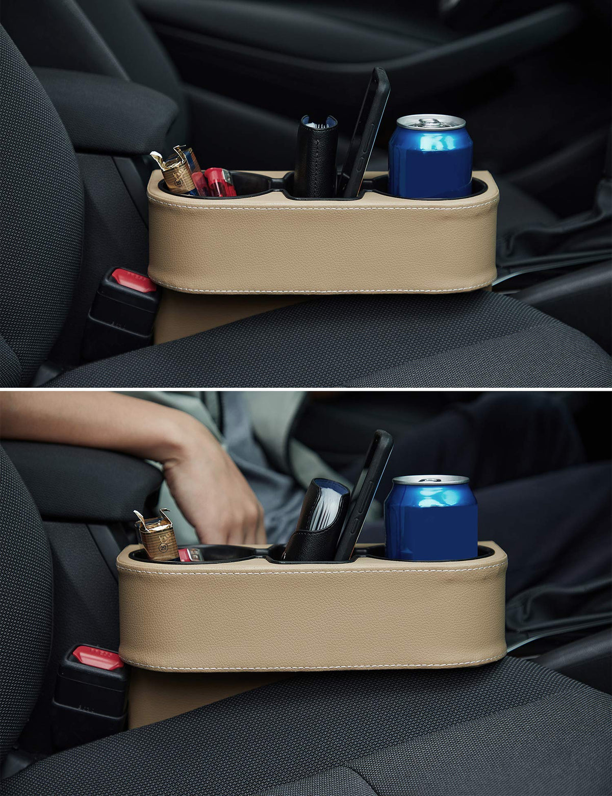 Leather Console Side Pocket With Cup & Phone Holder