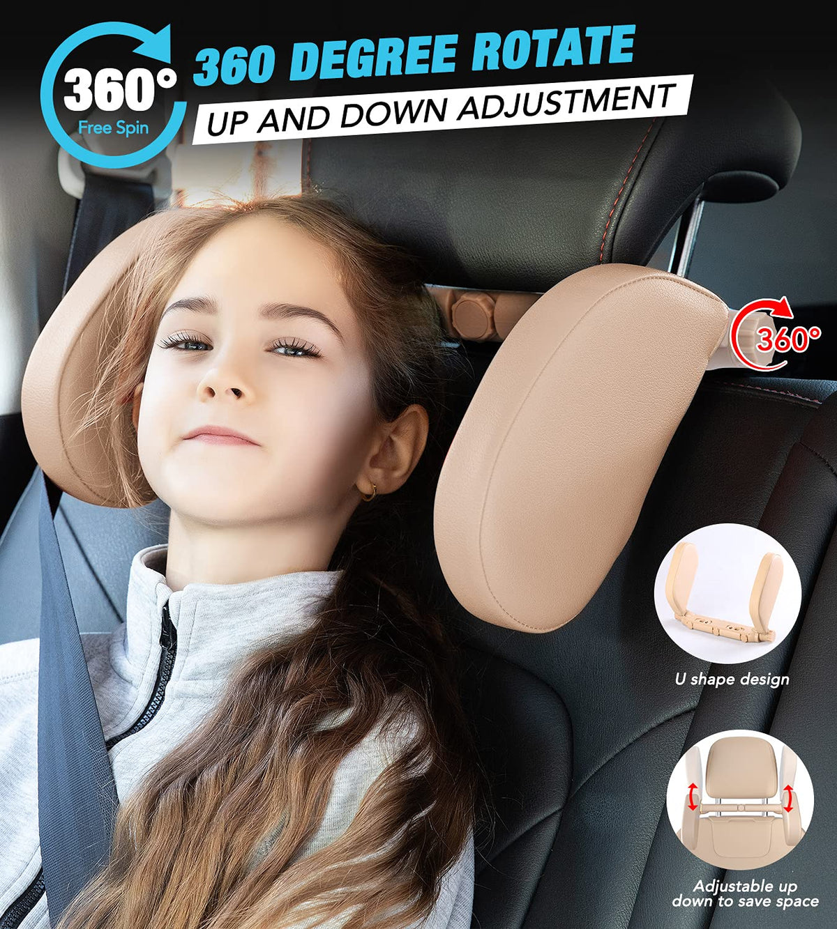 Adjustable Car Headrest Pillow With 180° Support