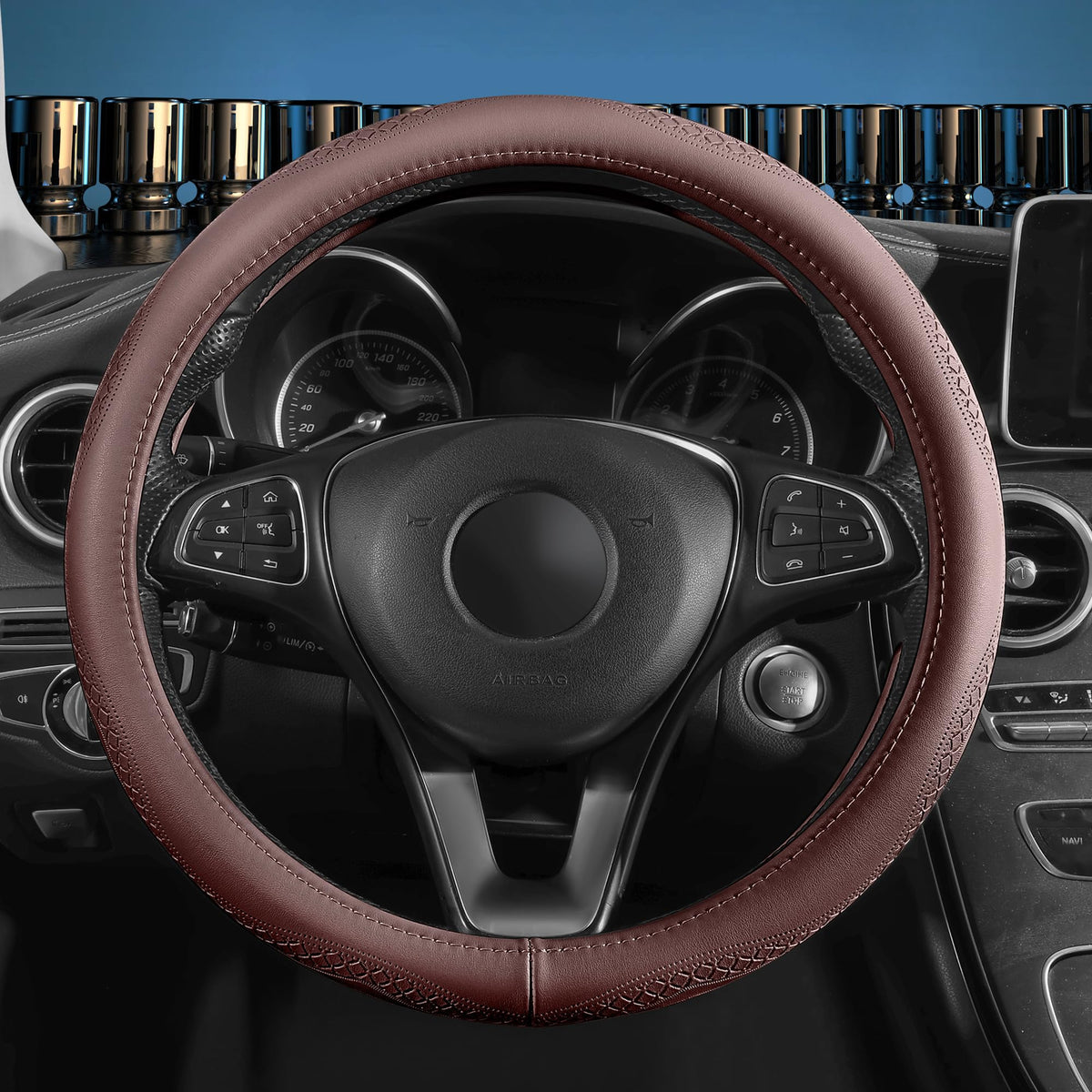 Cowhide Leather Steering Wheel Cover With Universal Fit