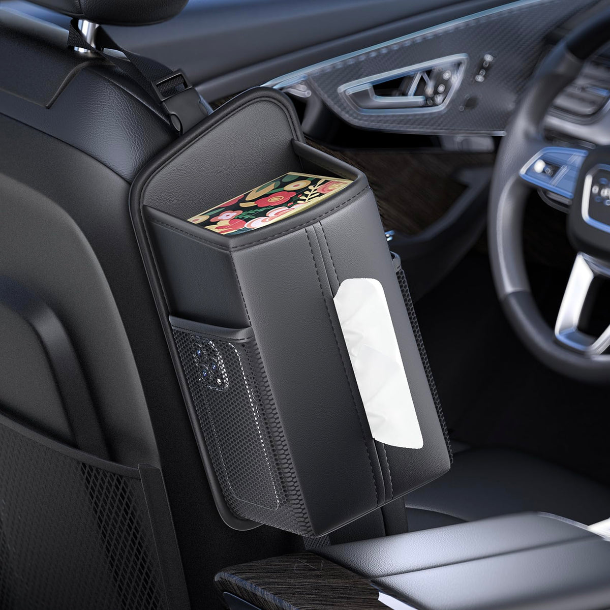 Car Seat Back Organizer With Built-In Tissue Holder