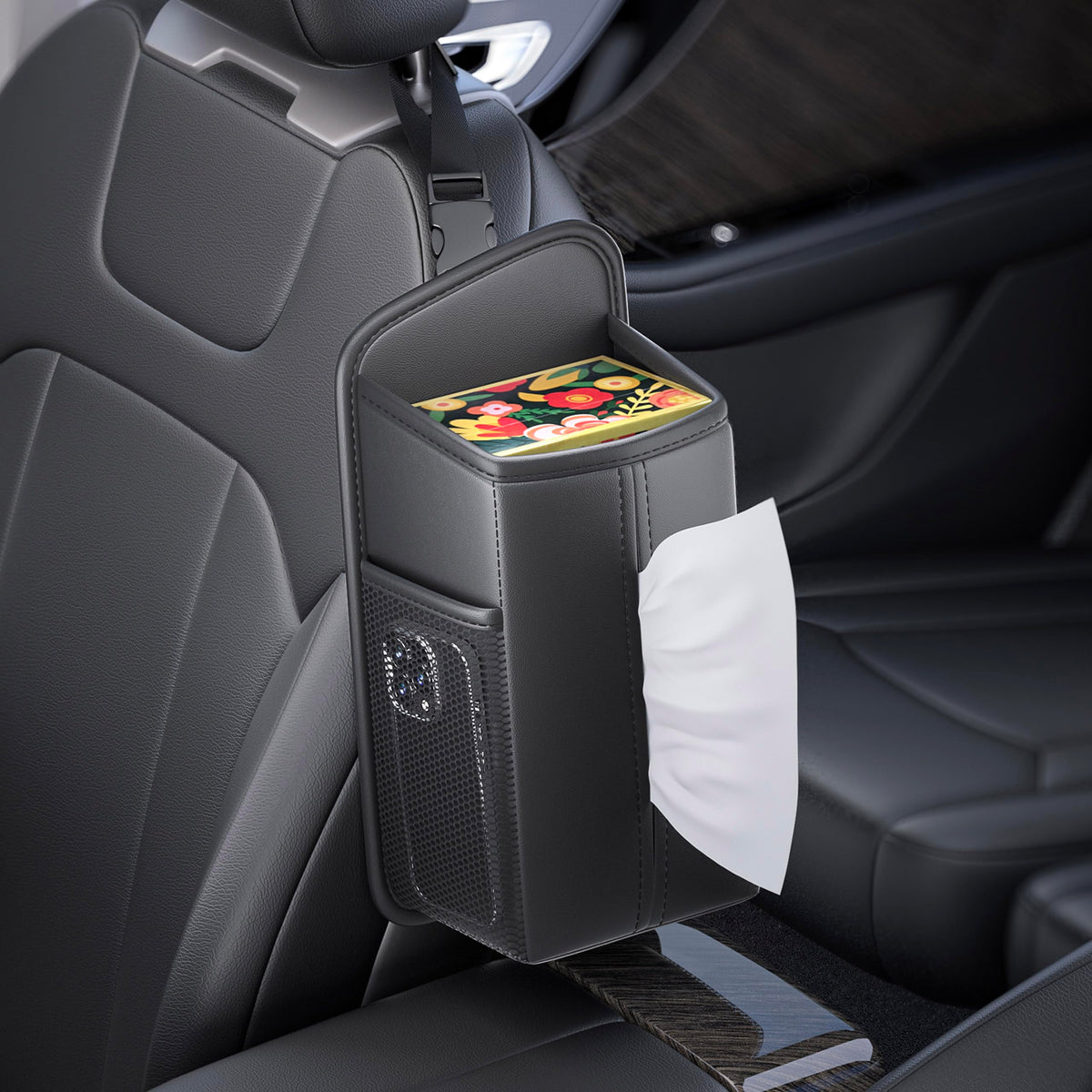 Car Seat Back Organizer With Built-In Tissue Holder