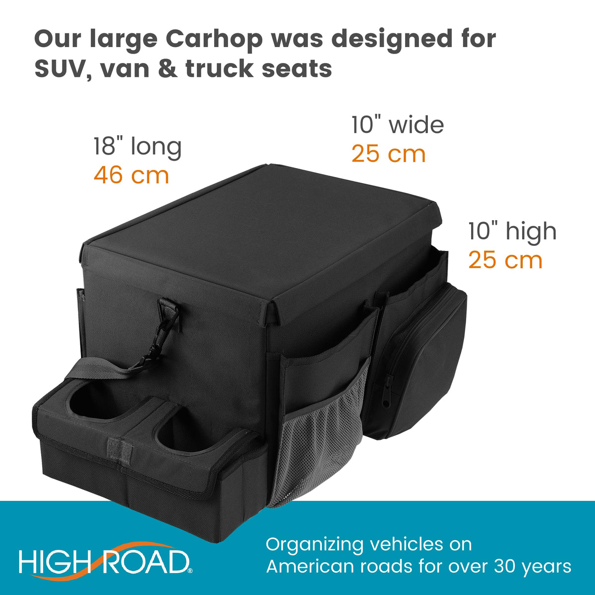 High Road CarHop Front Seat Car Organizer with Car Cup Holder, Passenger Seat Tray and Padded Filing or Cooler Compartment with Side Pocket Storage