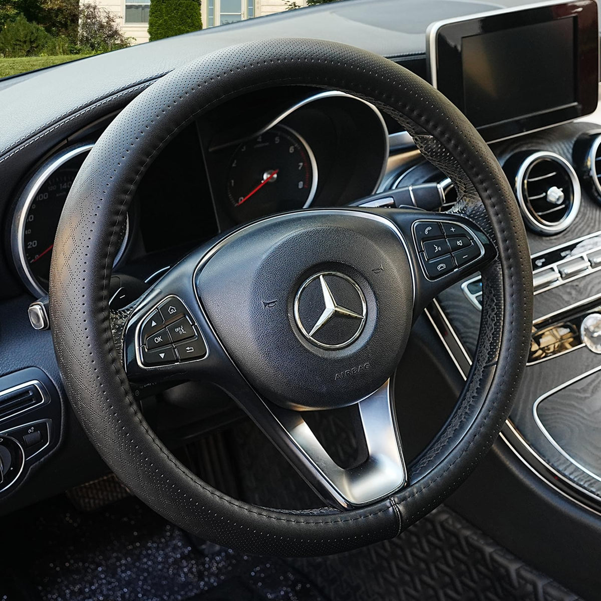 Veclod Black Genuine Leather Car Steering Wheel Cover for Men Women