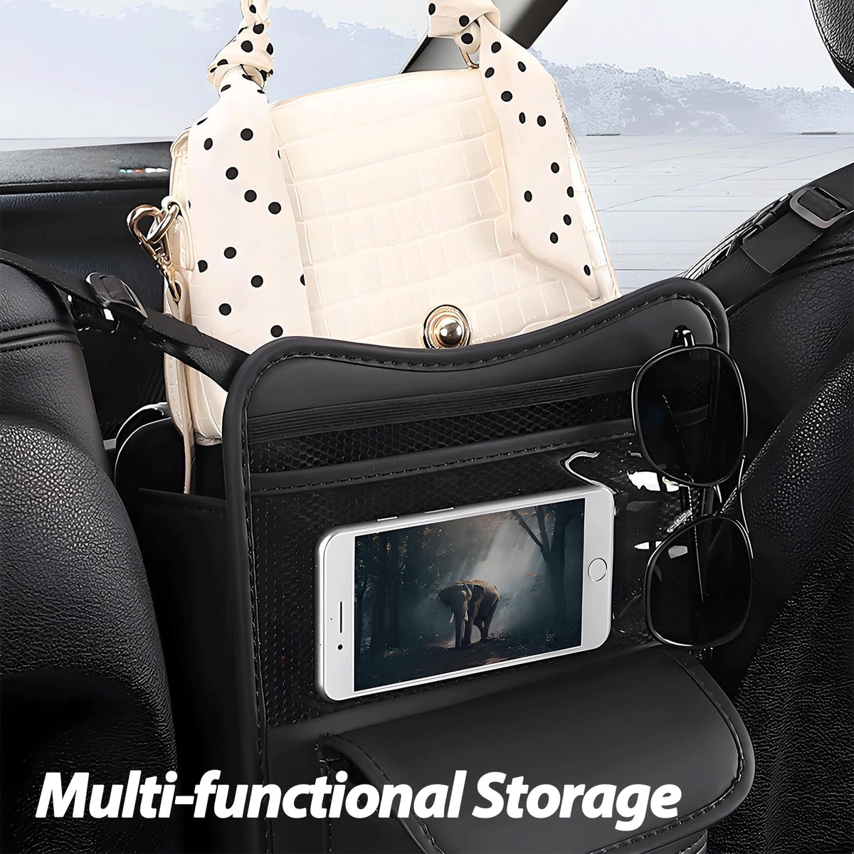 FASTAGEI Car Organizer Storage Between Seats, Premium Leather Car Storage Bag Pocket Handbags Purse Holder with Tissue Box, Touch Screen Phone Holder, Snack Holder, Console Front Seat Storage Barrier