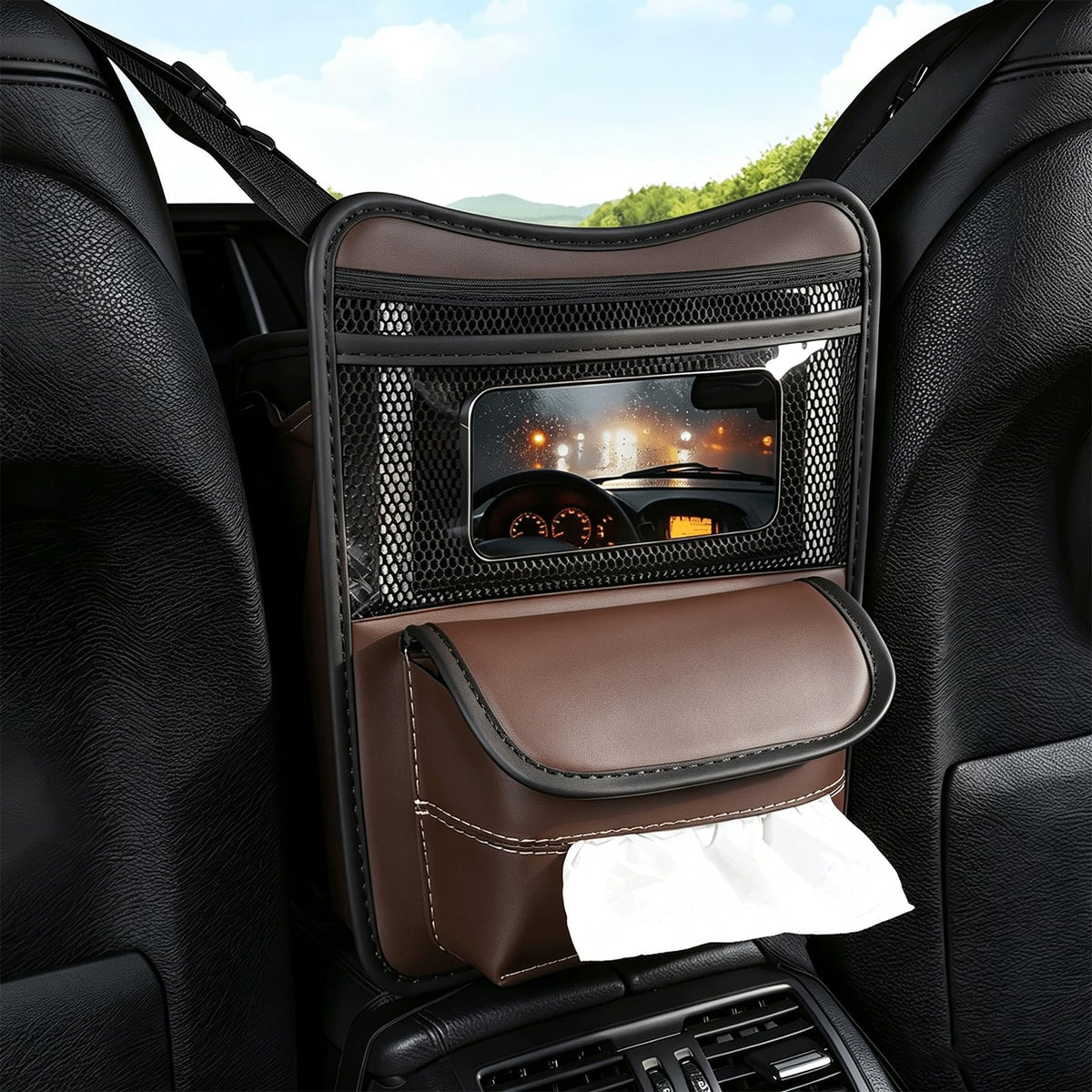 FASTAGEI Car Organizer Storage Between Seats, Premium Leather Car Storage Bag Pocket Handbags Purse Holder with Tissue Box, Touch Screen Phone Holder, Snack Holder, Console Front Seat Storage Barrier