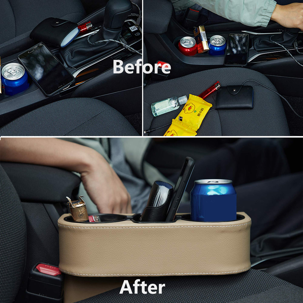Leather Console Side Pocket With Cup & Phone Holder